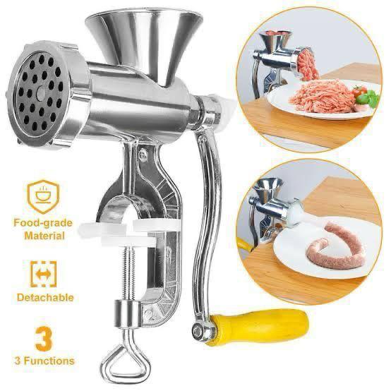 Stainless steel manual meat grinder and sausage maker with clamp base and yellow handle