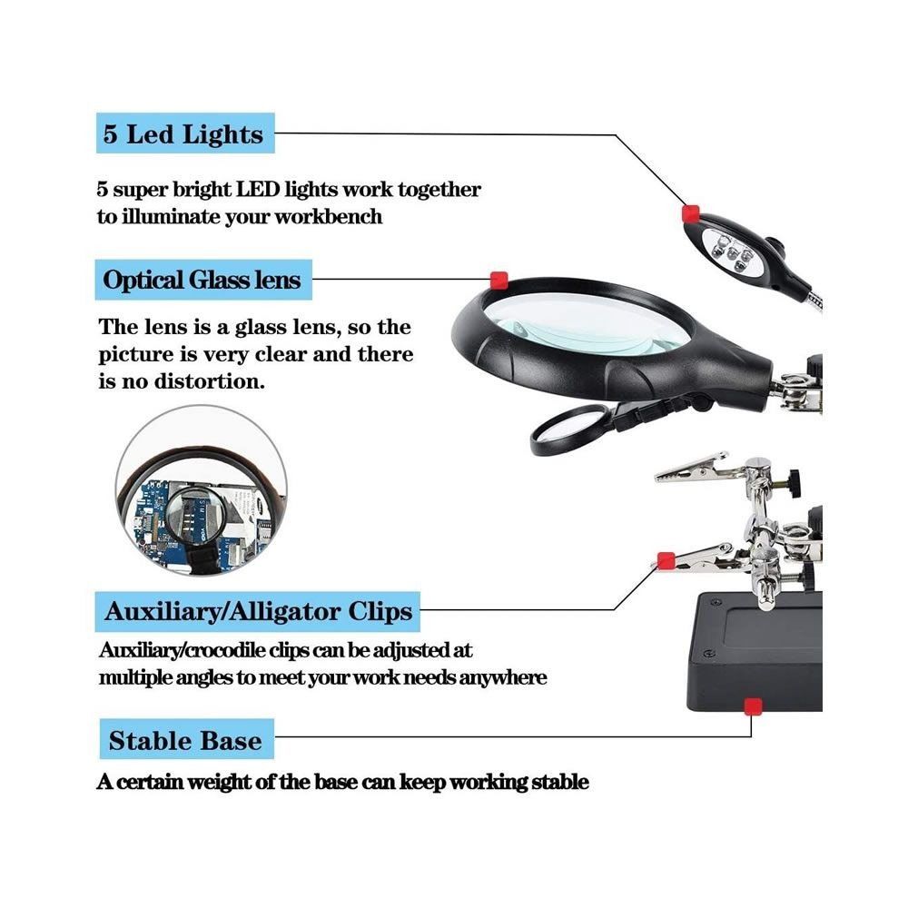 Auxiliary Clip Magnifier AC/DC Interchangeable with Soldering Stand with 5 LED - Image 2